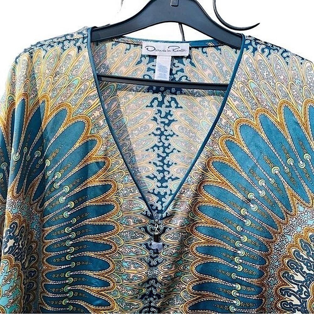 Oscar de la Renta Blue Gold Mandala Zip Front‎ V-Neck 2 Pocket Caftan  SZ 2X NEW - Picture 6 of 15